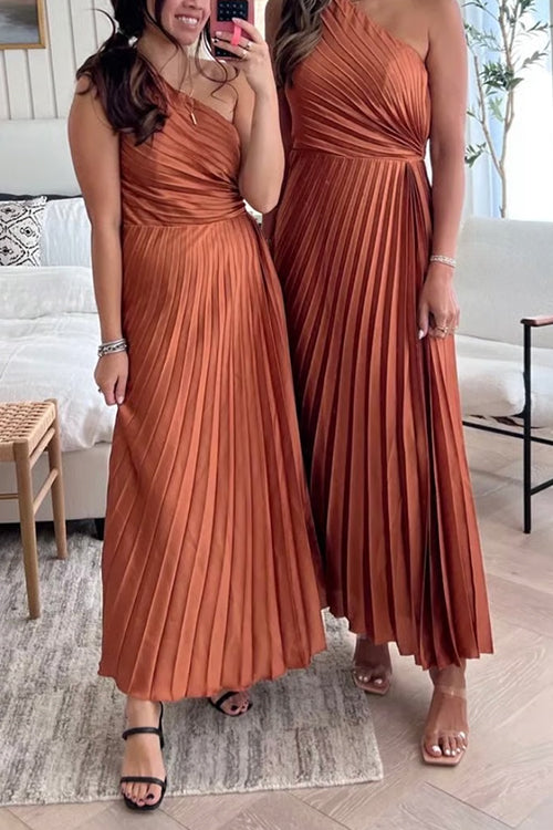 Diana | One Shoulder Sleeveless Pleated Satin Maxi Dress