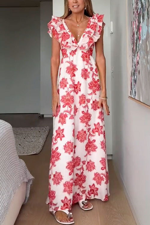 Elaine | Ruffle V Neck Floral Maxi Dress