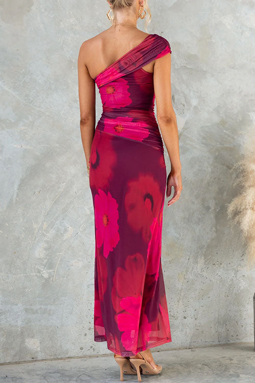 Adora | One Shoulder Floral Print Mesh Bodycon Maxi Dress