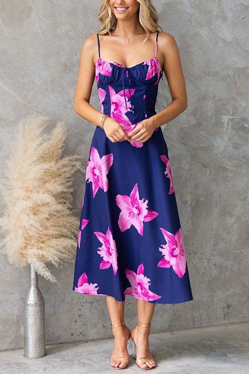 Aerie | Strap Back Lace-up Floral Print Midi Dress