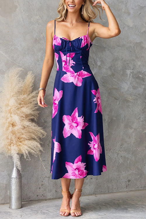 Aerie | Strap Back Lace-up Floral Print Midi Dress