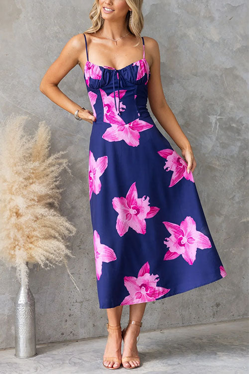 Aerie | Strap Back Lace-up Floral Print Midi Dress