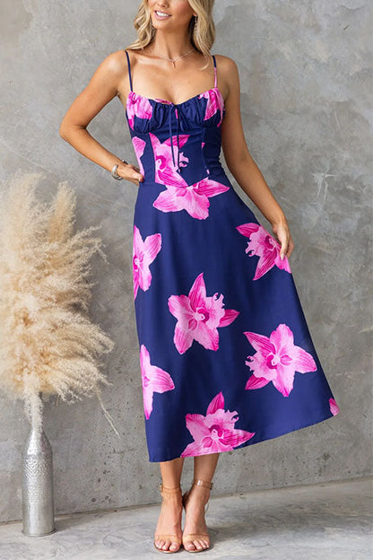 Aerie | Strap Back Lace-up Floral Print Midi Dress