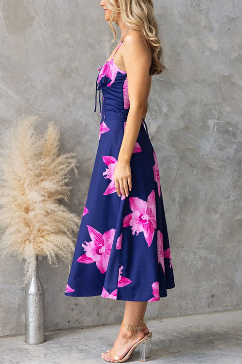 Aerie | Strap Back Lace-up Floral Print Midi Dress