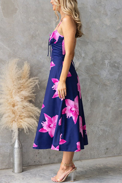 Aerie | Strap Back Lace-up Floral Print Midi Dress