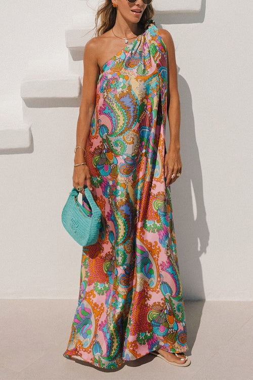 Valaya | Tie Knot One Shoulder Unique Print Maxi Vacation Dress