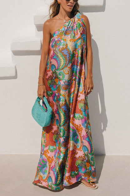 Valaya | Tie Knot One Shoulder Unique Print Maxi Vacation Dress