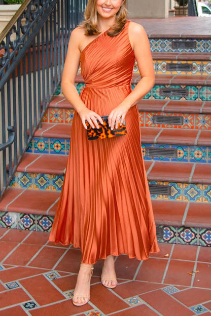Diana | One Shoulder Sleeveless Pleated Satin Maxi Dress