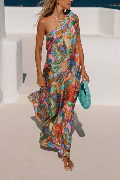 Valaya | Tie Knot One Shoulder Unique Print Maxi Vacation Dress