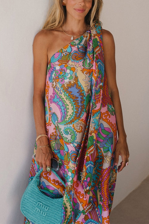 Valaya | Tie Knot One Shoulder Unique Print Maxi Vacation Dress