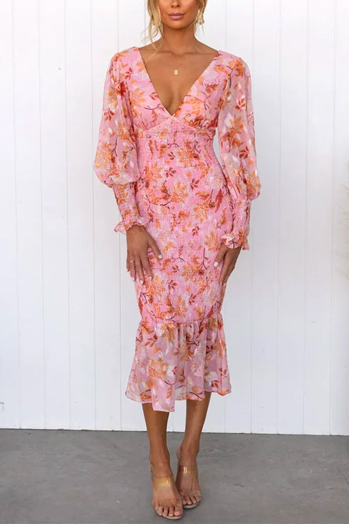 Lily | V Neck Long Sleeves Smocked Floral Midi Dress