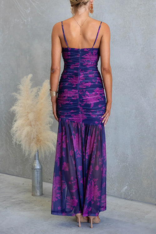 Helena | Spaghetti Strap Ruched Slit Floral Print Maxi Dress