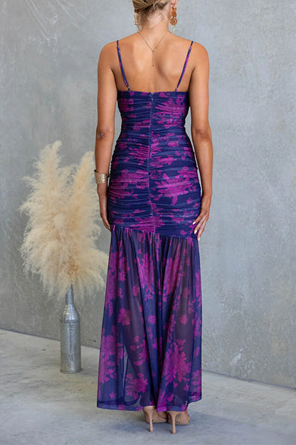 Helena | Spaghetti Strap Ruched Slit Floral Print Maxi Dress