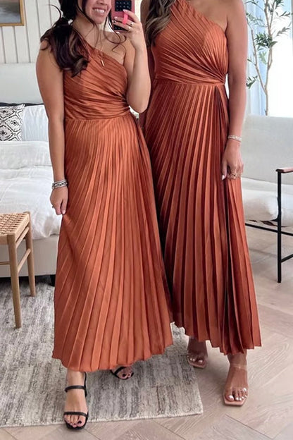 Diana | One Shoulder Sleeveless Pleated Satin Maxi Dress