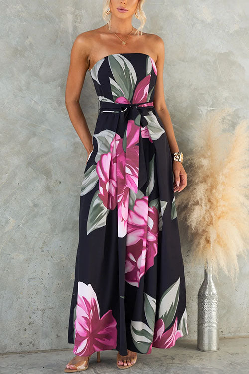 Alaina | Strapless Tie Waist Wide Leg Floral Print Jumpsuit
