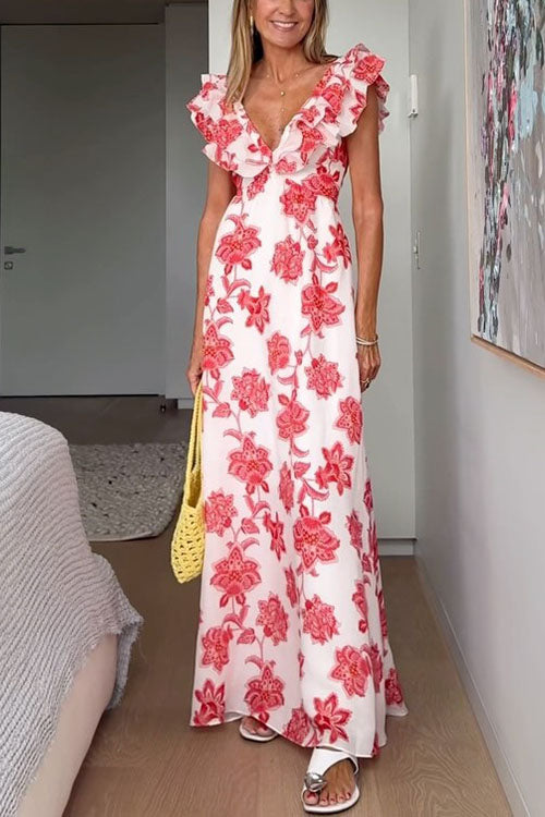 Elaine | Ruffle V Neck Floral Maxi Dress