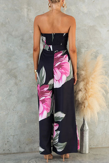 Alaina | Strapless Tie Waist Wide Leg Floral Print Jumpsuit