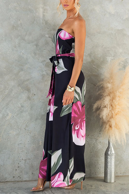 Alaina | Strapless Tie Waist Wide Leg Floral Print Jumpsuit